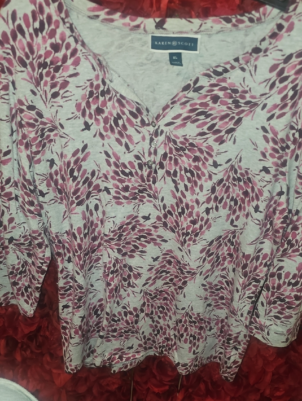 Karen Scott Cream and Pink Floral Henley Long Sleeve Top Size Xlarge